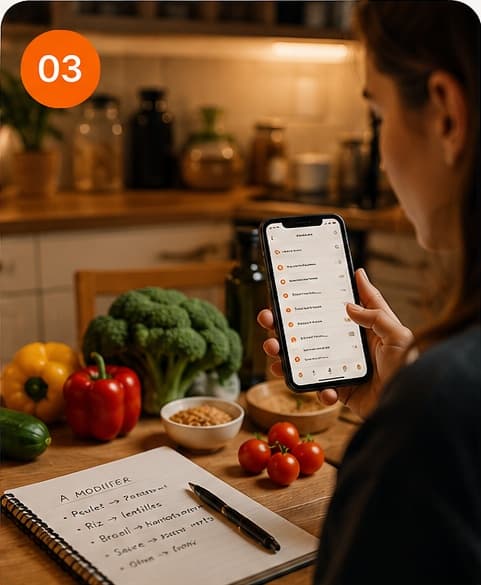 03 — Une personne tient son téléphone au-dessus de légumes et d'un carnet.