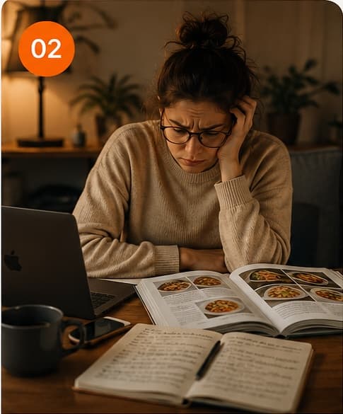 02 — Une personne stressée devant un livre de recettes et un ordinateur portable.
